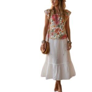 Rachel Zoe Womens Ruffle Sleeve Top Ivory Combo Floral Linen Blend L New